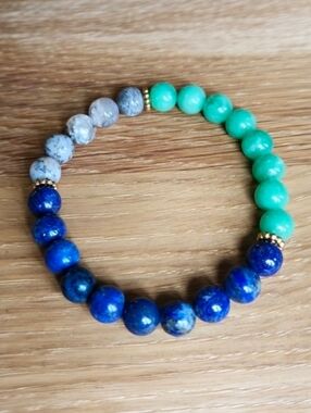 Lapis, Green Angelite & Dendritic White Opal Bead Bracelet, Stretch, Handcrafted